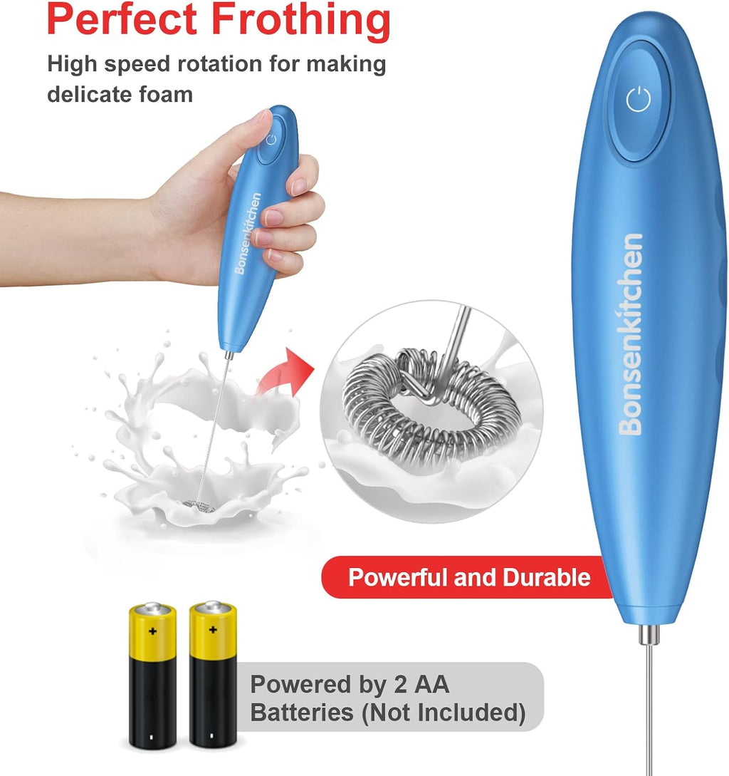 Handheld Milk Frother, Electric Hand Foamer Blender for Drink Mixer, Perfect for Bulletproof Coffee, Matcha, Hot Chocolate, Mini Battery Operated Milk Whisk Frother-Metallic Blue