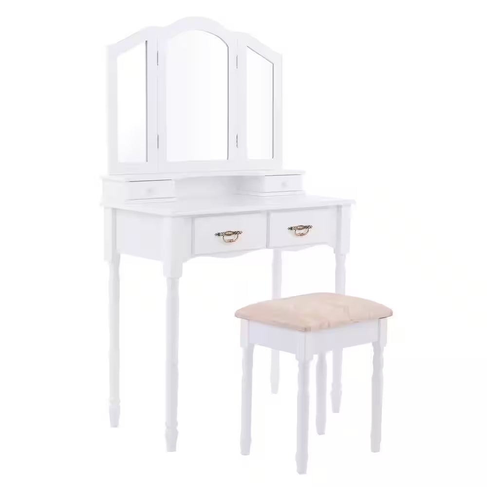 3-Piece White Bedroom Set Tri Folding Mirror Vanity Makeup Table Stool Set Home Furni with (4-Drawers)
