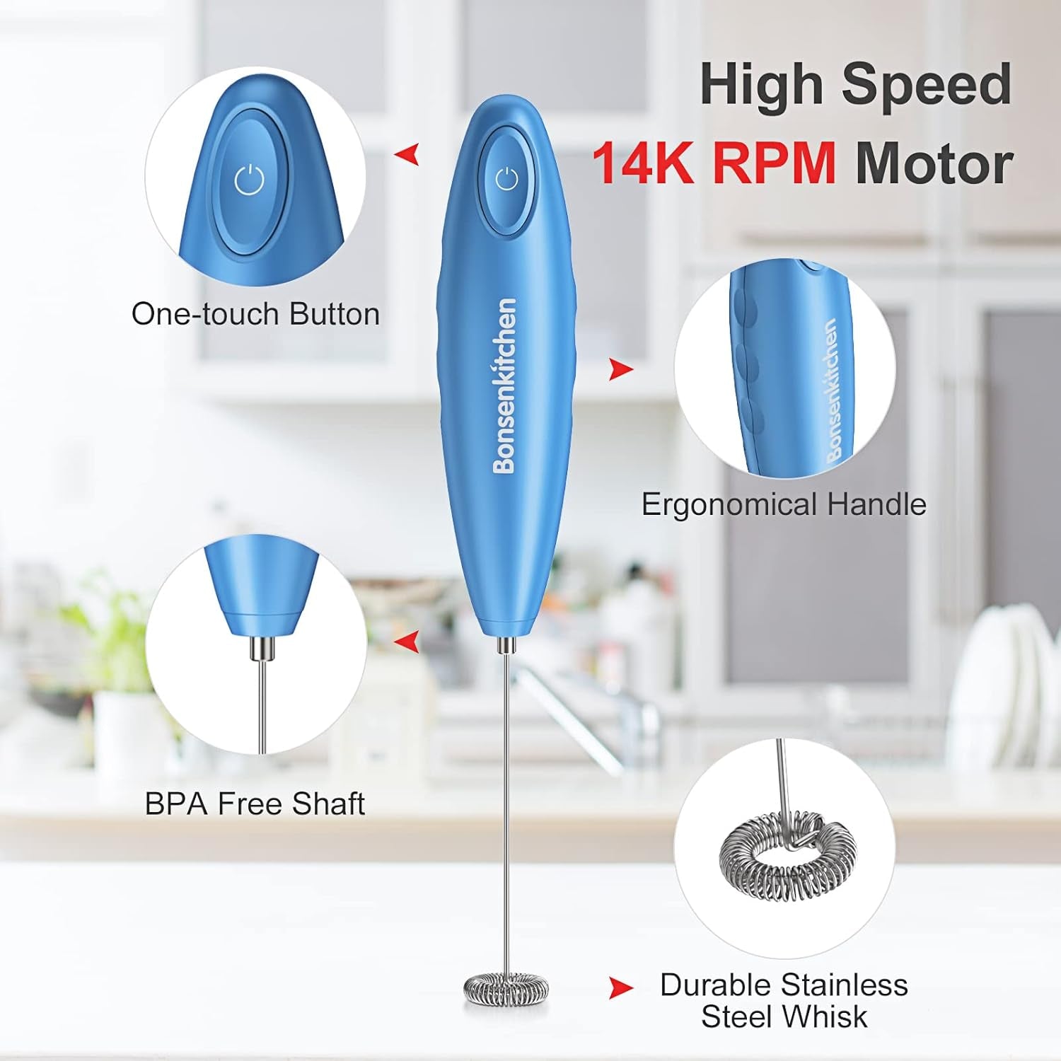 Handheld Milk Frother, Electric Hand Foamer Blender for Drink Mixer, Perfect for Bulletproof Coffee, Matcha, Hot Chocolate, Mini Battery Operated Milk Whisk Frother-Metallic Blue