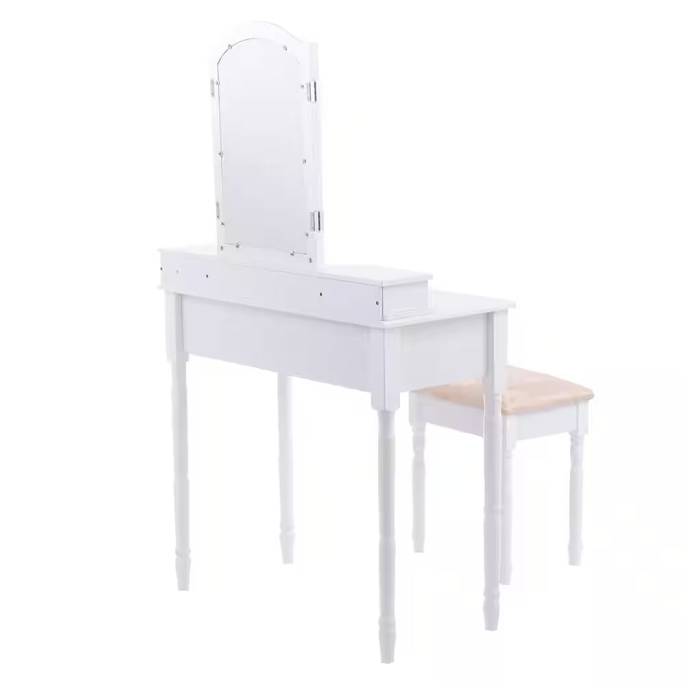 3-Piece White Bedroom Set Tri Folding Mirror Vanity Makeup Table Stool Set Home Furni with (4-Drawers)