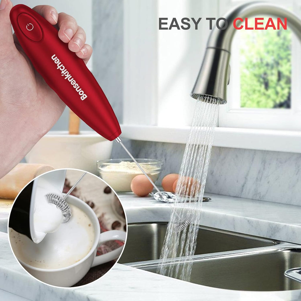 Handheld Milk Frother, Electric Hand Foamer Blender for Drink Mixer, Perfect for Bulletproof Coffee, Matcha, Hot Chocolate, Mini Battery Operated Milk Whisk Frother-Red