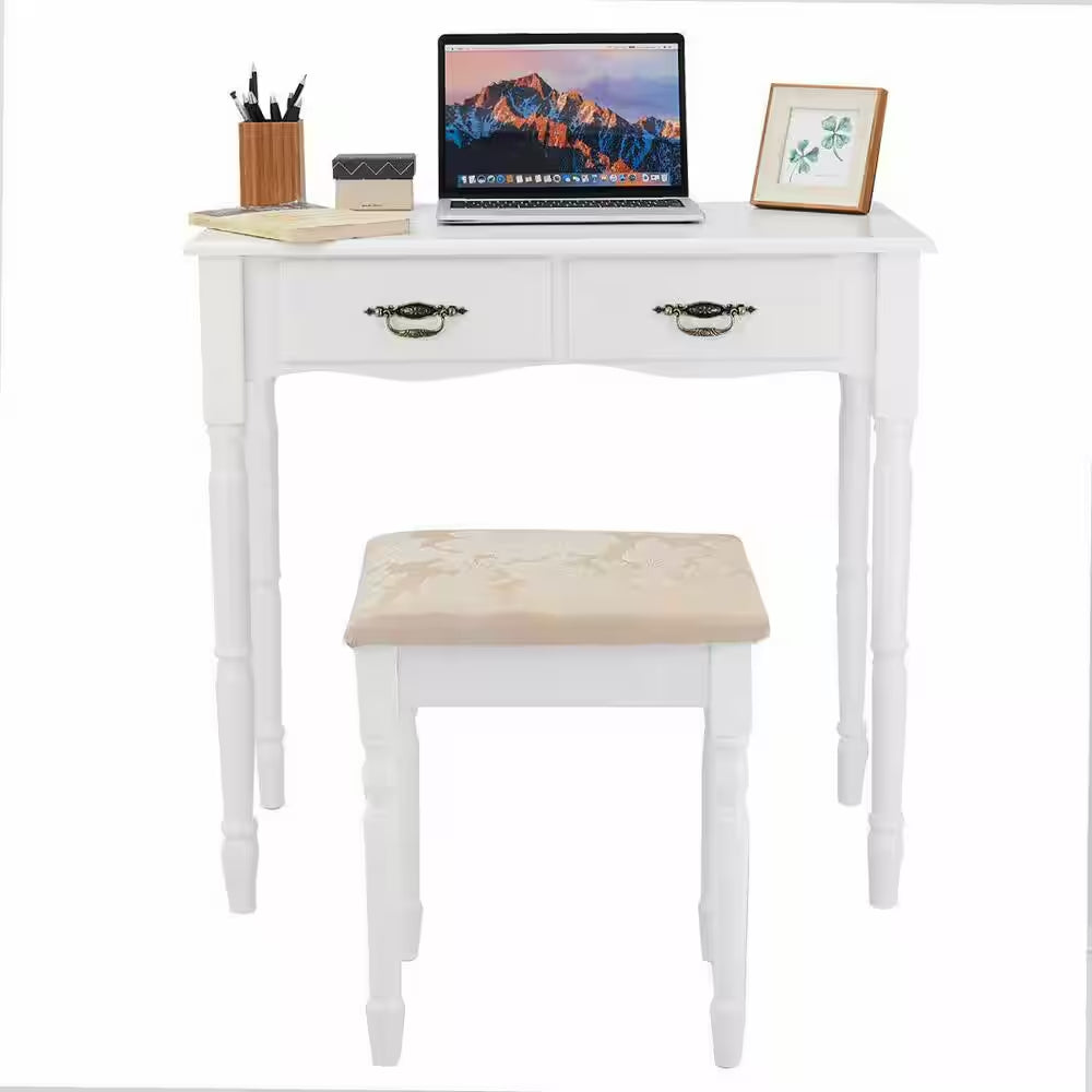 3-Piece White Bedroom Set Tri Folding Mirror Vanity Makeup Table Stool Set Home Furni with (4-Drawers)