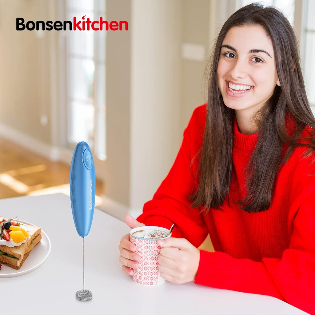 Handheld Milk Frother, Electric Hand Foamer Blender for Drink Mixer, Perfect for Bulletproof Coffee, Matcha, Hot Chocolate, Mini Battery Operated Milk Whisk Frother-Metallic Blue