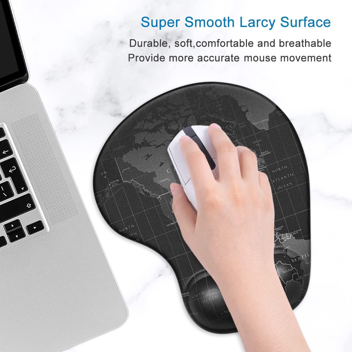 Ergonomic Mouse Pad with Gel Wrist Support Small Wrist Rest Smooth Surface Non-Slip PU Base Comfortable Office Supplies Pain Relief, 8.7 X 7.2 Inches, Map