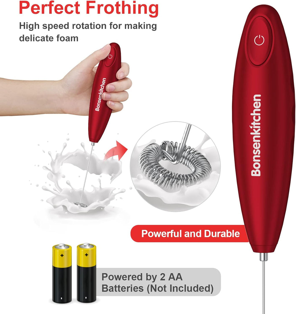 Handheld Milk Frother, Electric Hand Foamer Blender for Drink Mixer, Perfect for Bulletproof Coffee, Matcha, Hot Chocolate, Mini Battery Operated Milk Whisk Frother-Red