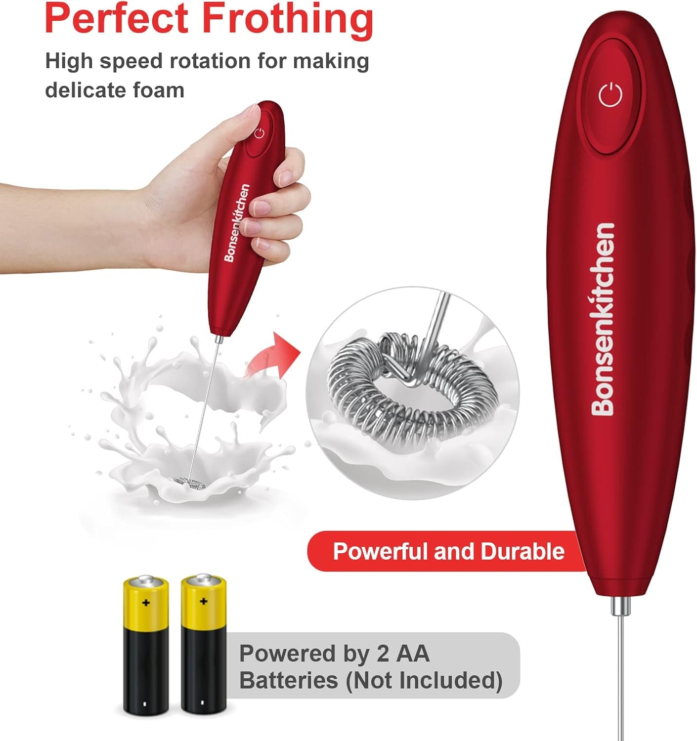 Handheld Milk Frother, Electric Hand Foamer Blender for Drink Mixer, Perfect for Bulletproof Coffee, Matcha, Hot Chocolate, Mini Battery Operated Milk Whisk Frother-Red