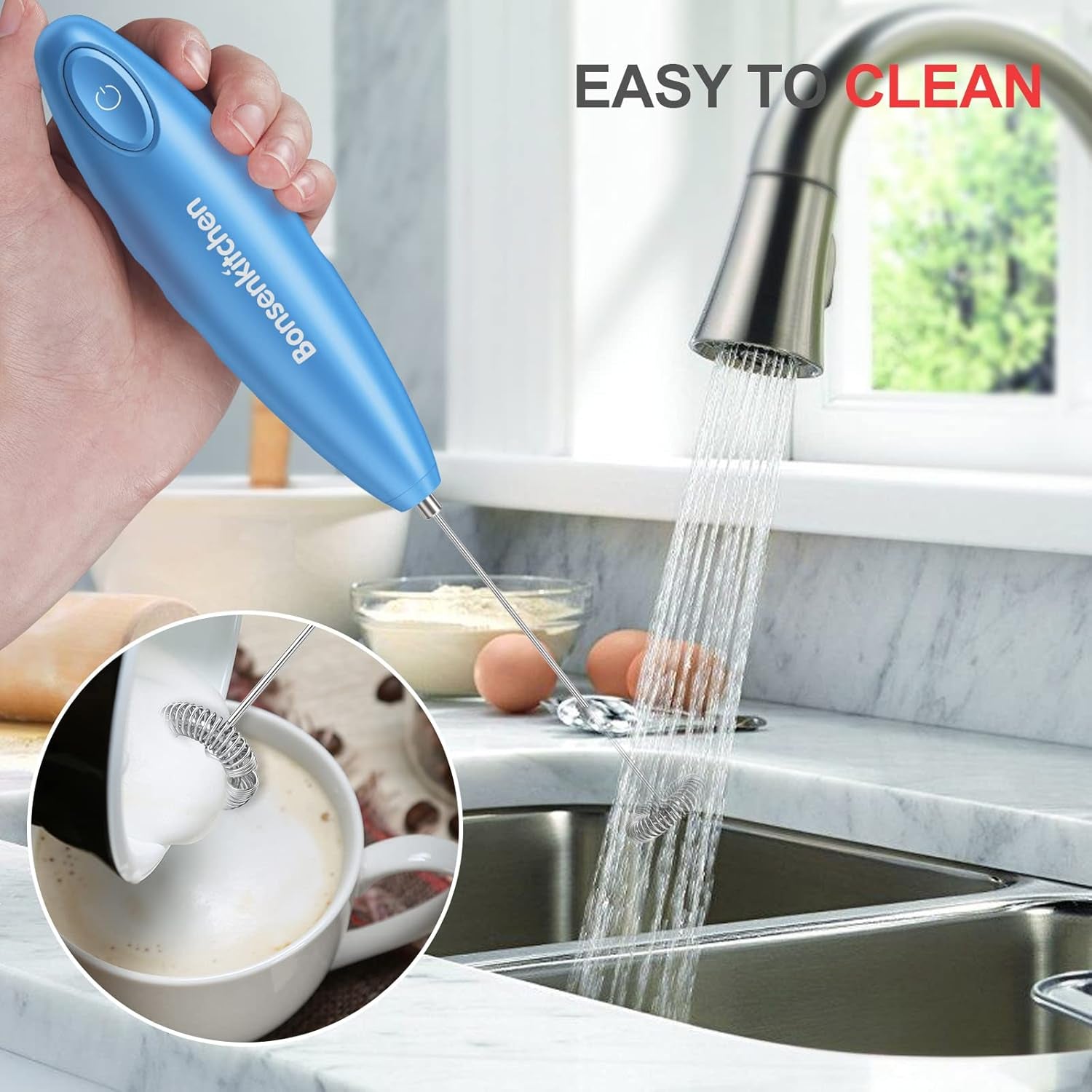 Handheld Milk Frother, Electric Hand Foamer Blender for Drink Mixer, Perfect for Bulletproof Coffee, Matcha, Hot Chocolate, Mini Battery Operated Milk Whisk Frother-Metallic Blue