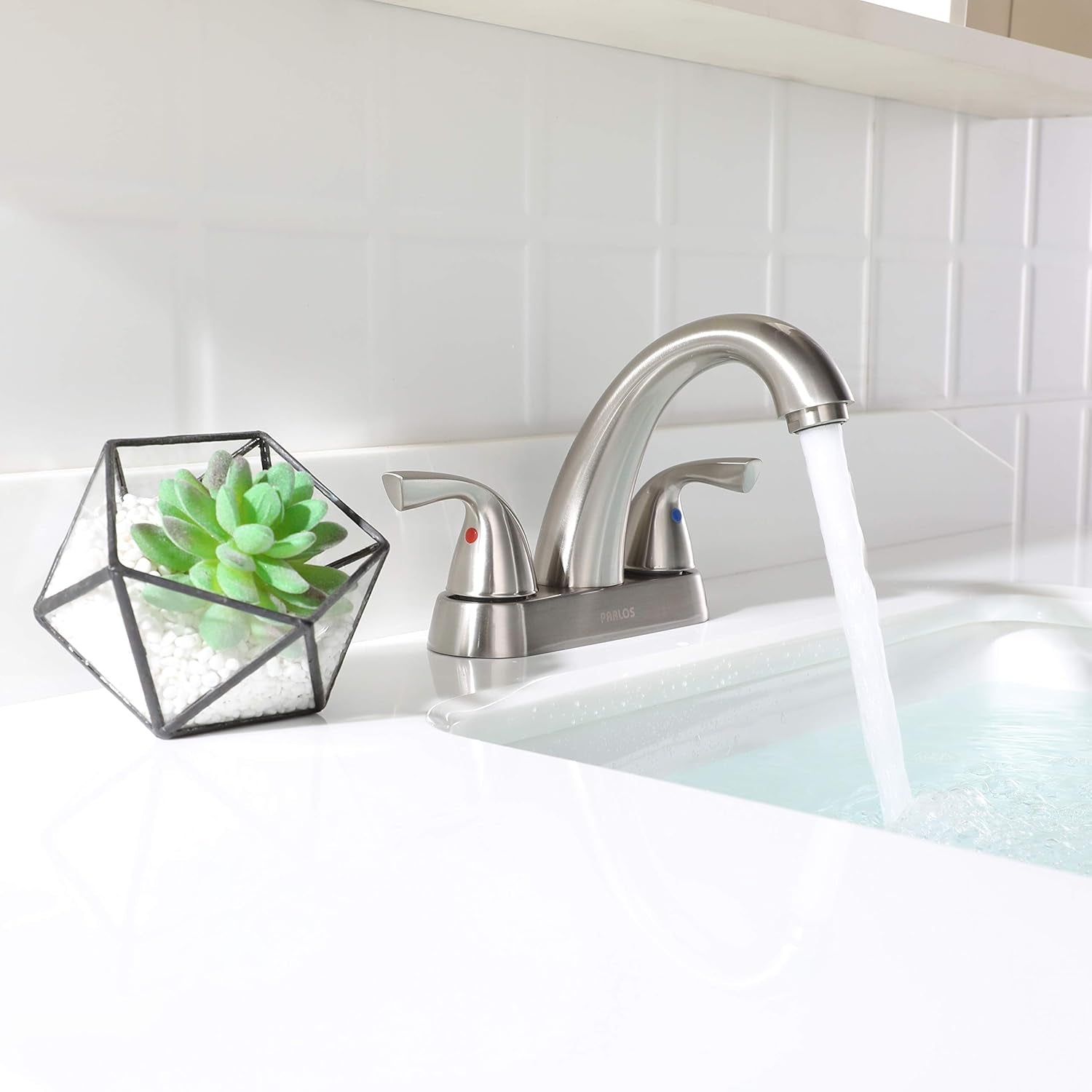 2-Handle Bathroom Sink Faucet with Drain Assembly and Supply Hose Lead-Free Cupc Lavatory Faucet Mixer Double Handle Tap Deck Mounted Brushed Nickel,13598