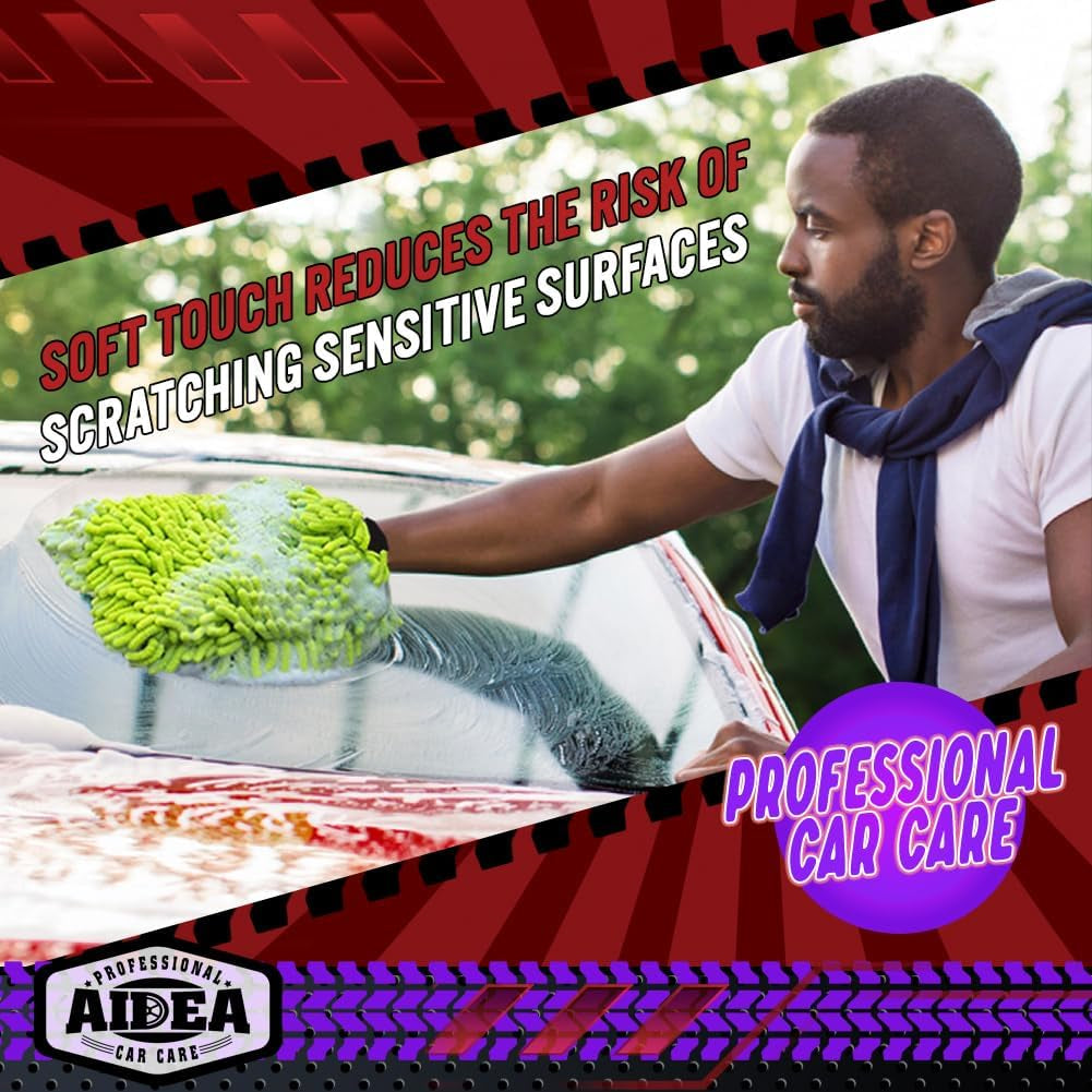 Car Wash Mitt Microfiber, 2PK Scratch Free Lint-Free, Premium Chenille Microfiber Mitt Car Wash Brush, Green, Regular Size 7.12''X10.14''