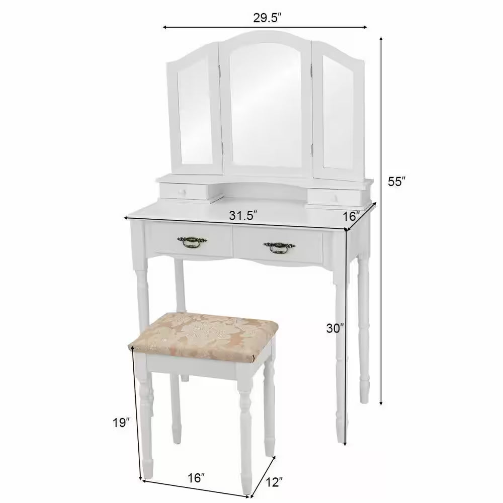 3-Piece White Bedroom Set Tri Folding Mirror Vanity Makeup Table Stool Set Home Furni with (4-Drawers)