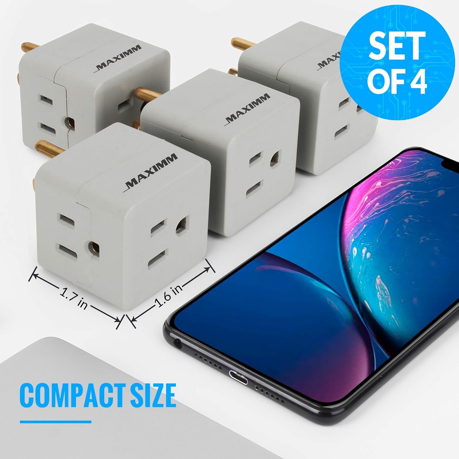 3 Outlet Cube Plug Adapter, 4-Pack, Light Grey, ETL Listed