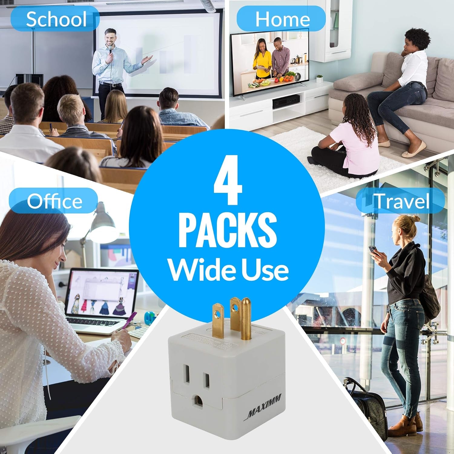 3 Outlet Cube Plug Adapter, 4-Pack, Light Grey, ETL Listed