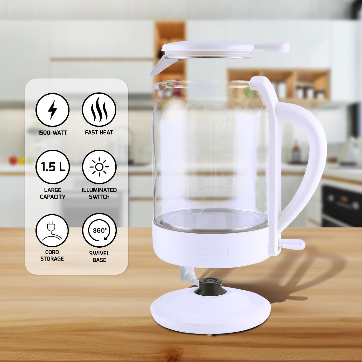 Electric Kettle with 1.5L Borosilicate Glass, 1500W Fast Boiling Water Heater for Coffee or Tea, Easy to Fill Lid, Auto Shut-Off, Boil-Dry Protection & Stainless Steel Filter, White KG516W