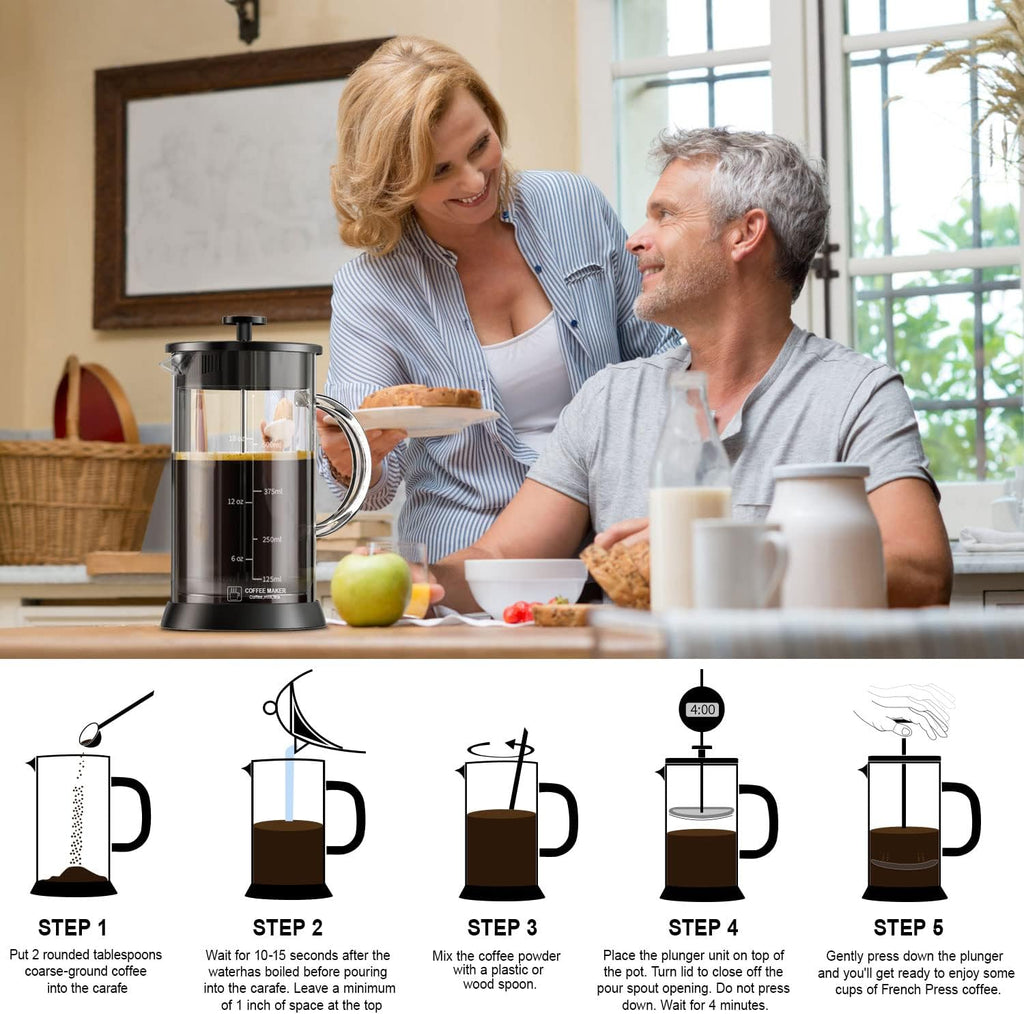 Glass French Press Coffee Maker with 4 Filter, 20Oz French Coffee Press with Glass Handle and Non-Slip Silicone Base Precise Scale, Easy to Clean, Durable Heat Resistant