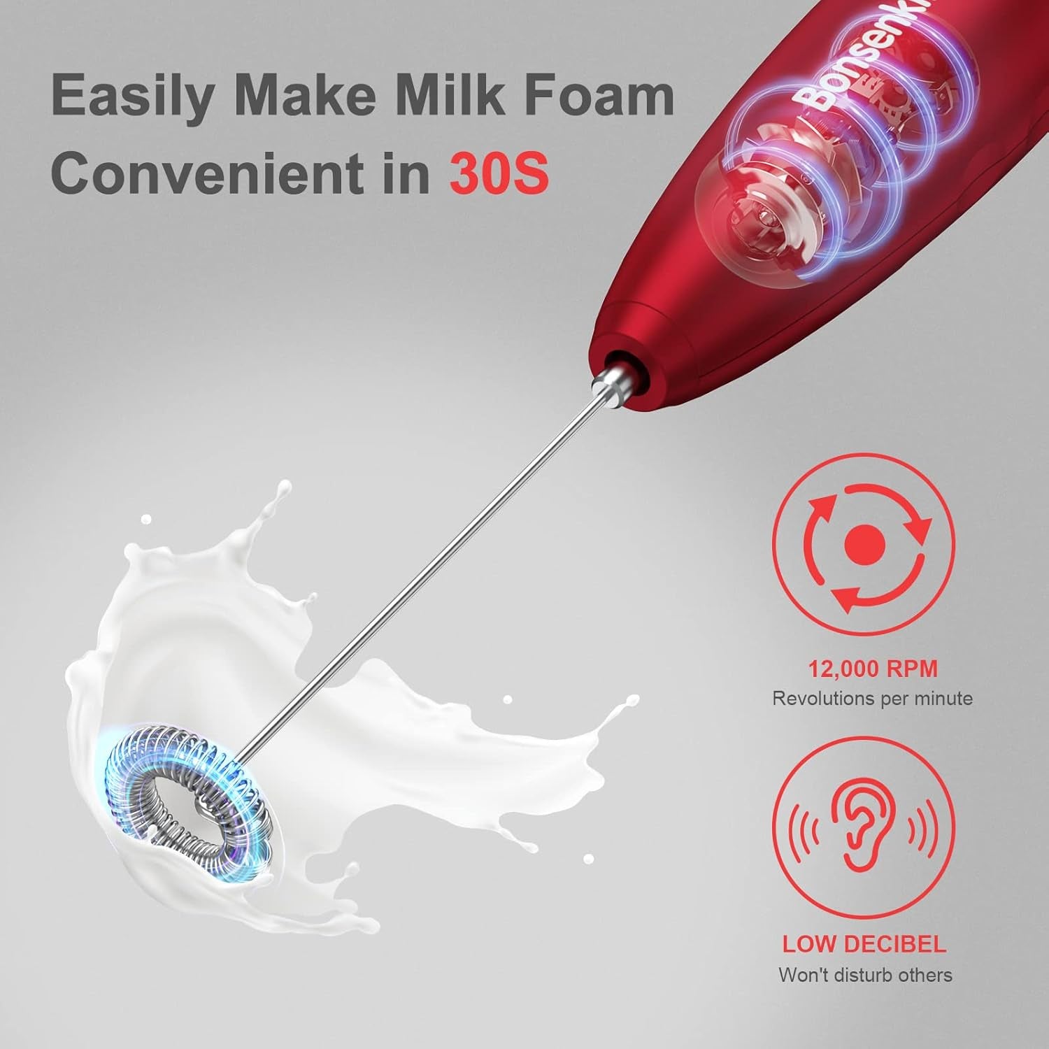 Handheld Milk Frother, Electric Hand Foamer Blender for Drink Mixer, Perfect for Bulletproof Coffee, Matcha, Hot Chocolate, Mini Battery Operated Milk Whisk Frother-Red