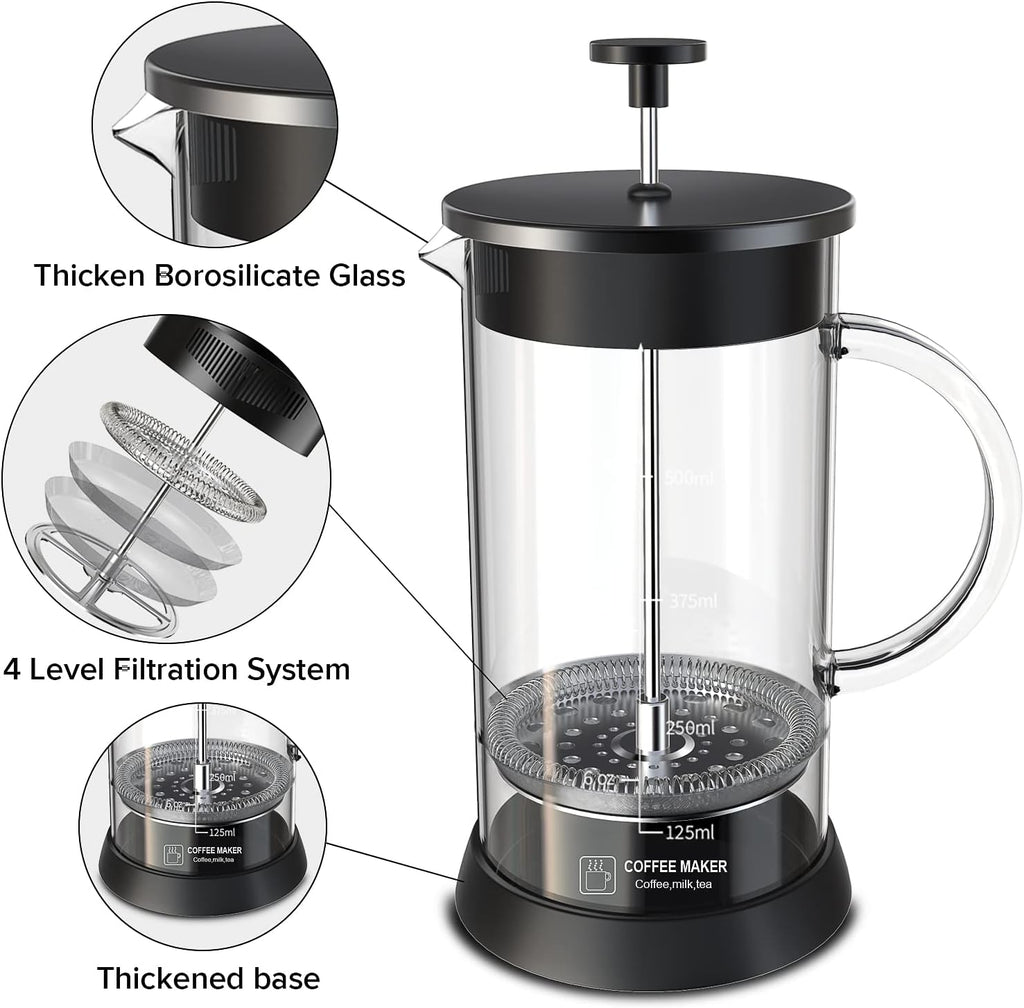 Glass French Press Coffee Maker with 4 Filter, 20Oz French Coffee Press with Glass Handle and Non-Slip Silicone Base Precise Scale, Easy to Clean, Durable Heat Resistant