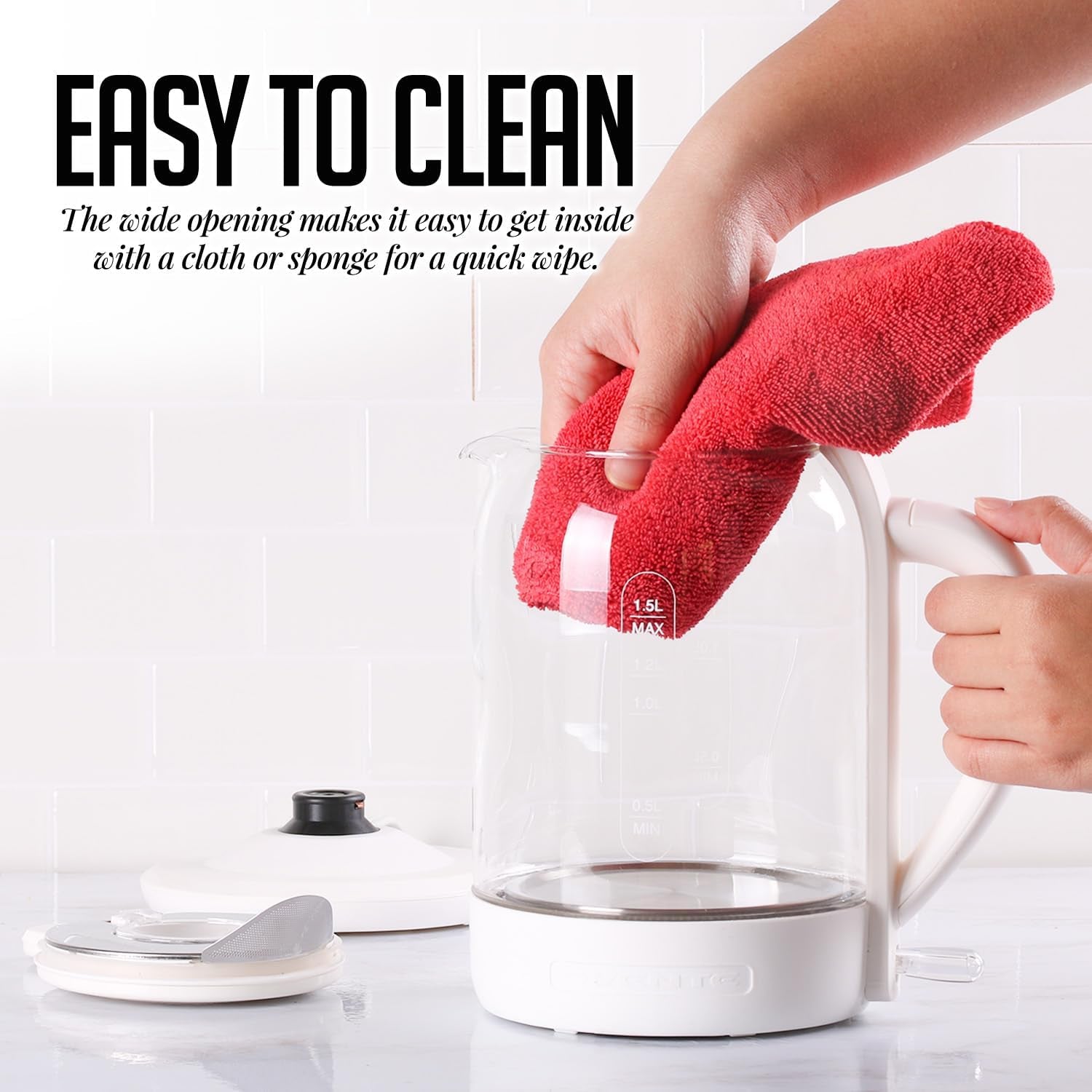 Electric Kettle with 1.5L Borosilicate Glass, 1500W Fast Boiling Water Heater for Coffee or Tea, Easy to Fill Lid, Auto Shut-Off, Boil-Dry Protection & Stainless Steel Filter, White KG516W