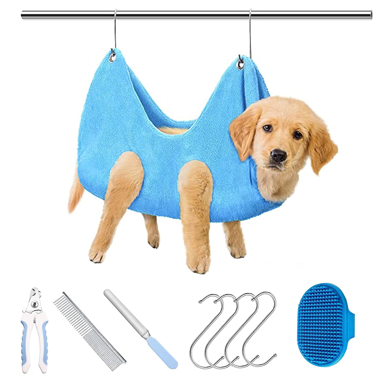 Pet Grooming Hammock Harness, Dogs & Cats Relaxation Restraint Grooming Bag with Pet Nail Clippers/Trimmer, Pet Comb, Dog Grooming Brush for Nail Clipping,Bathing, Clean Teeth, Ear/Eye Care L