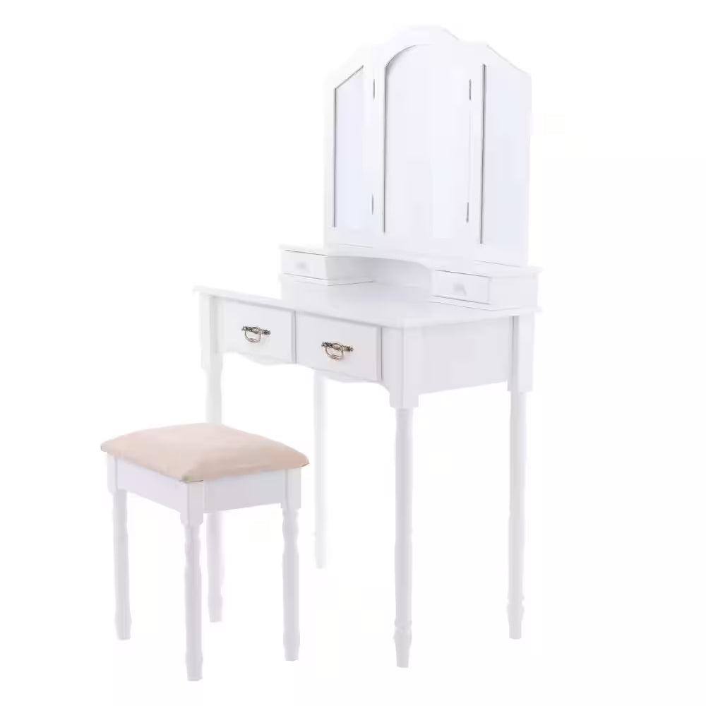 3-Piece White Bedroom Set Tri Folding Mirror Vanity Makeup Table Stool Set Home Furni with (4-Drawers)