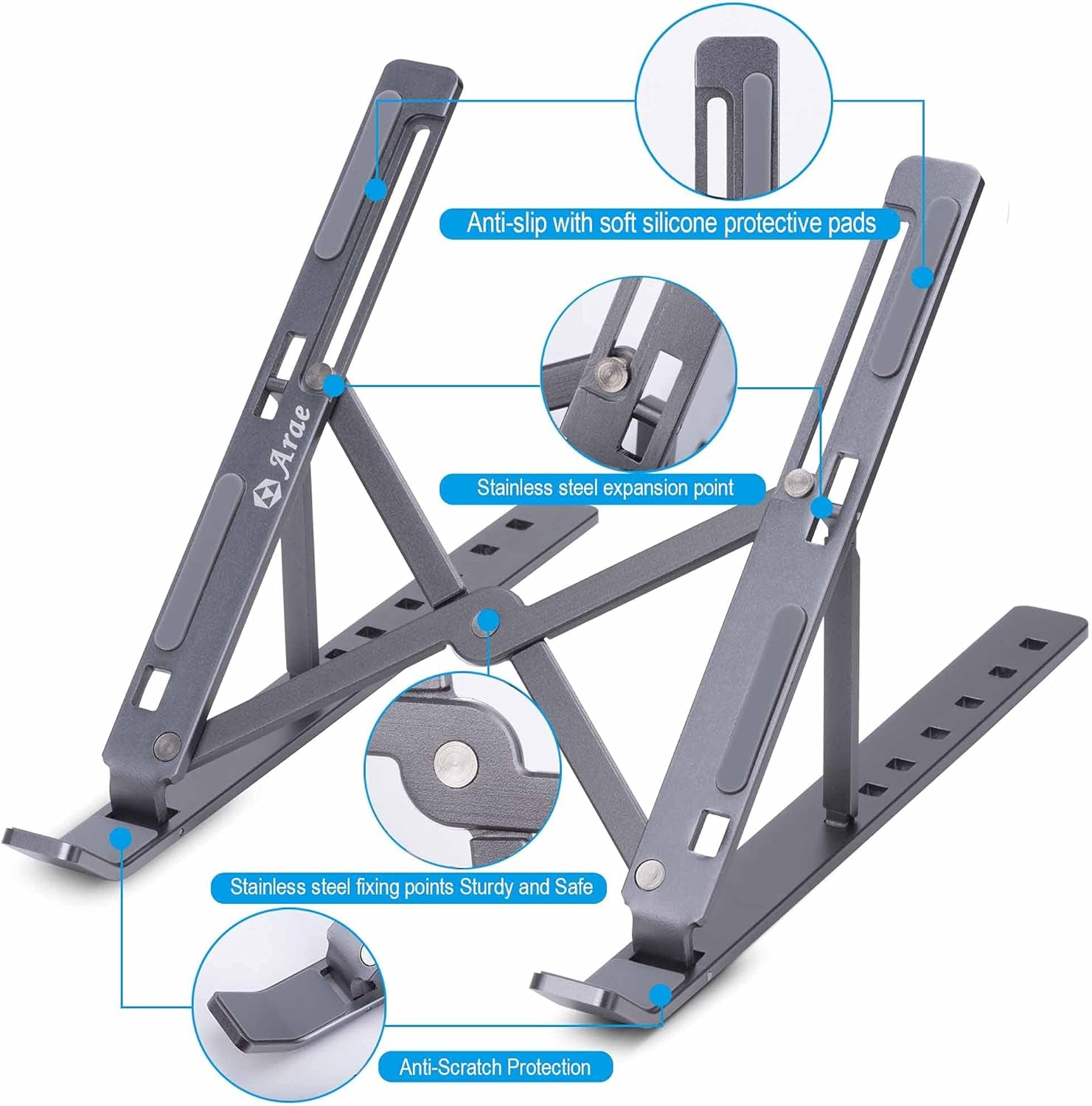 Laptop Stand for Desk, Adjustable Portable Laptop Riser, Aluminum Foldable Ergonomic Computer Stand, Ventilated Cooling Laptop Holder for 9-15.6’’ Laptops Tablet, Silver