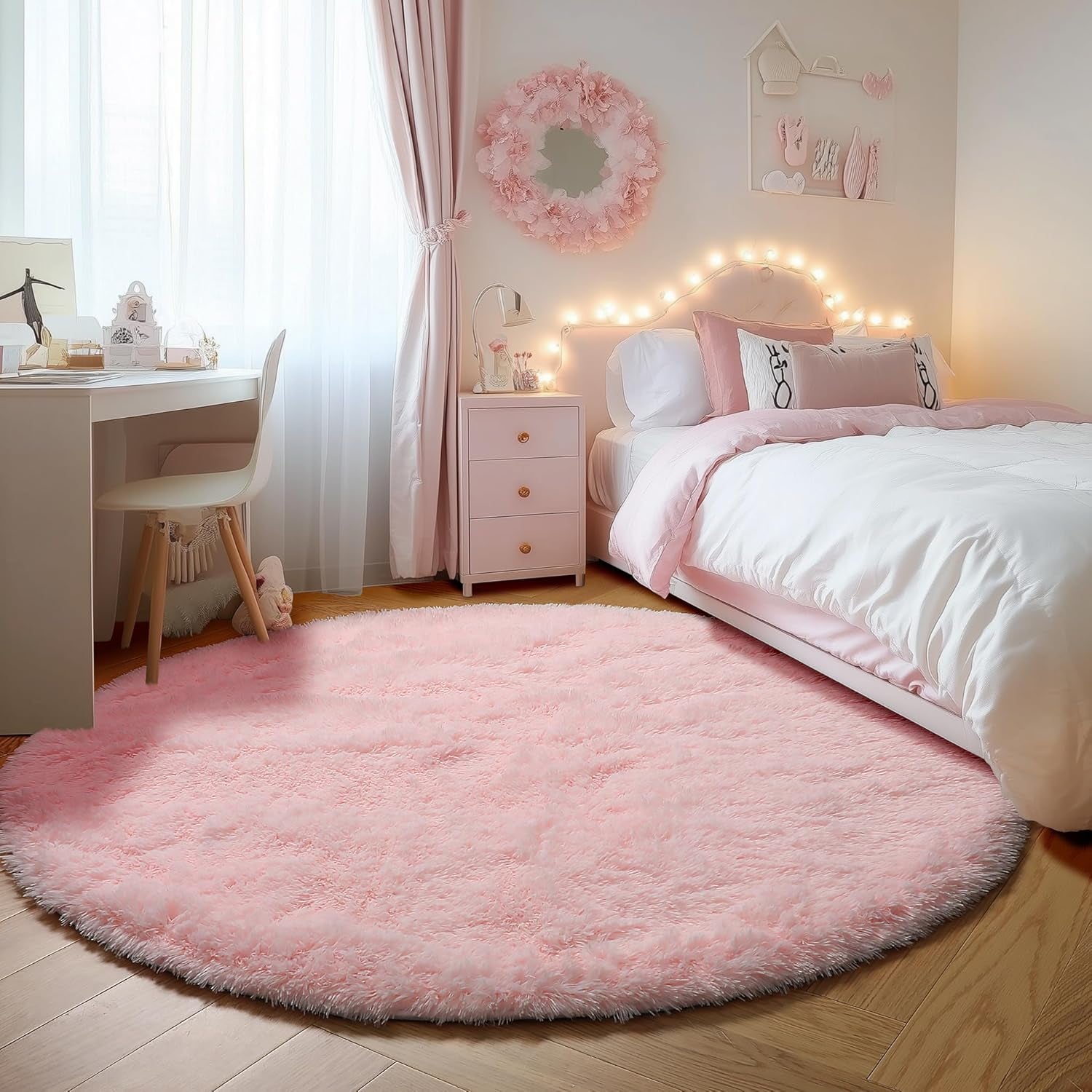 Light Pink round Area Rugs 2Ft for Bedroom Living Room, Fluffy Cat Dog Bed Mat, Circle Rug for Kids Girls Boys Teen, Soft Plush Shaggy Carpet for Nursery Dorm Home Decor Aesthetic